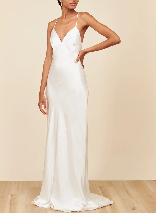 Open Back Silk Like Satin Wedding Dresses Spaghetti Straps-Dbrbridal