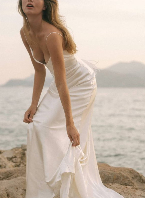 Open Back Silk Like Satin Wedding Dresses V-Neck-Dbrbridal