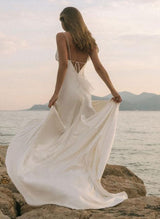 Open Back Silk Like Satin Wedding Dresses V-Neck-Dbrbridal