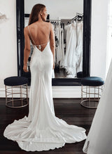 Open Back Silk Like Satin Wedding Dresses V-Neck-Dbrbridal