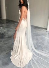 Open Back Spaghetti Straps Slit Boho Garden Wedding Dresses Silk Like Satin-Dbrbridal