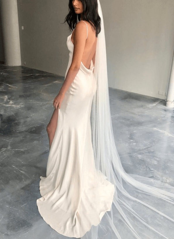 Open Back Spaghetti Straps Slit Boho Garden Wedding Dresses Silk Like Satin-Dbrbridal