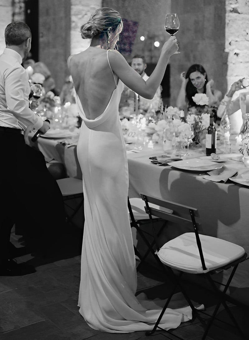 Open Back Spaghetti Straps Slit Boho Garden Wedding Dresses Silk Like Satin-Dbrbridal