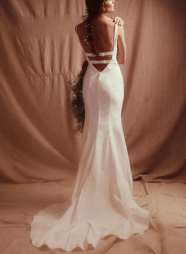 Open Back Trumpet Mermaid Fitted Square Neckline Wedding Dresses Sweep Train-Dbrbridal