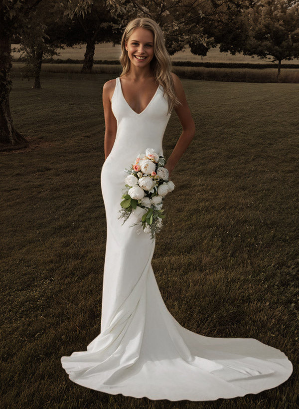 Open Back V-Neck Sleeveless Court Train Wedding Dresses-Dbrbridal