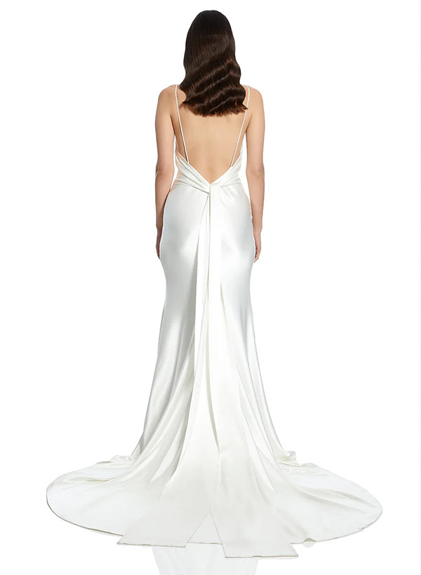 Open Back V-Neck Sleeveless Silk Like Satin Wedding Dresses Split Front for the Summer Beach-Dbrbridal