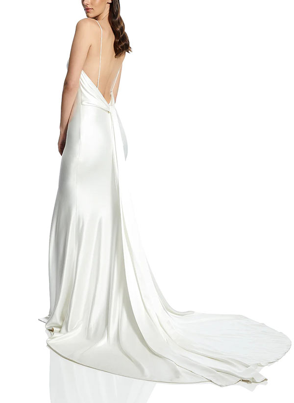 Open Back V-Neck Sleeveless Silk Like Satin Wedding Dresses Split Front for the Summer Beach-Dbrbridal