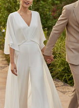 Open Back V-Neck Wedding Jumpsuit Dresses-Dbrbridal