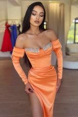 Orange Mermaid Evening Prom Dresses with Long Sleeves and Split Beads-Dbrbridal