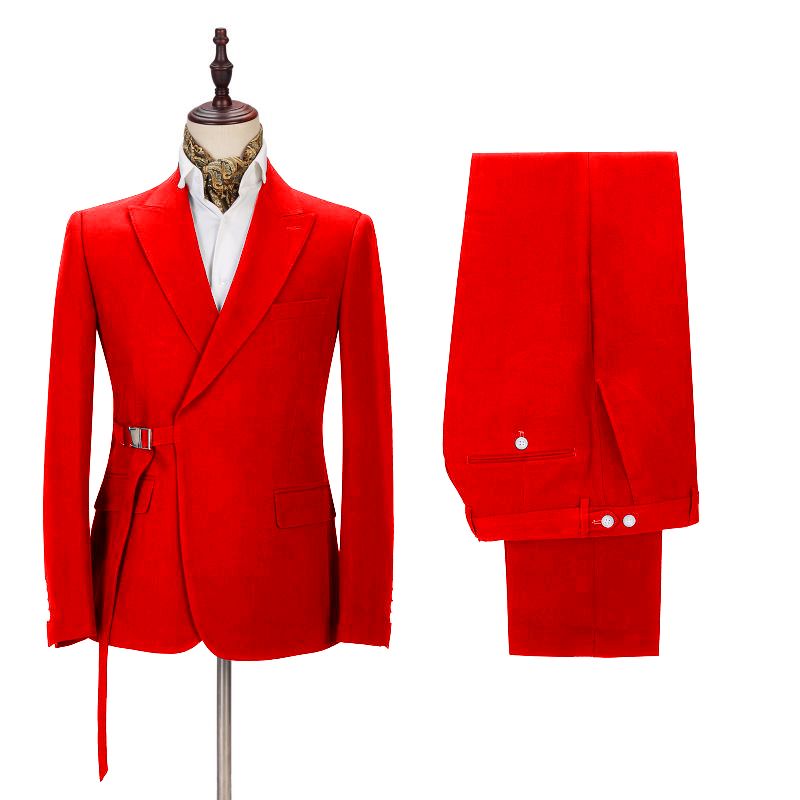 Passionate Bright Red Men's Formal Suit Online Peak Lapel Buckle Button Casual Suit for Men-Dbrbridal