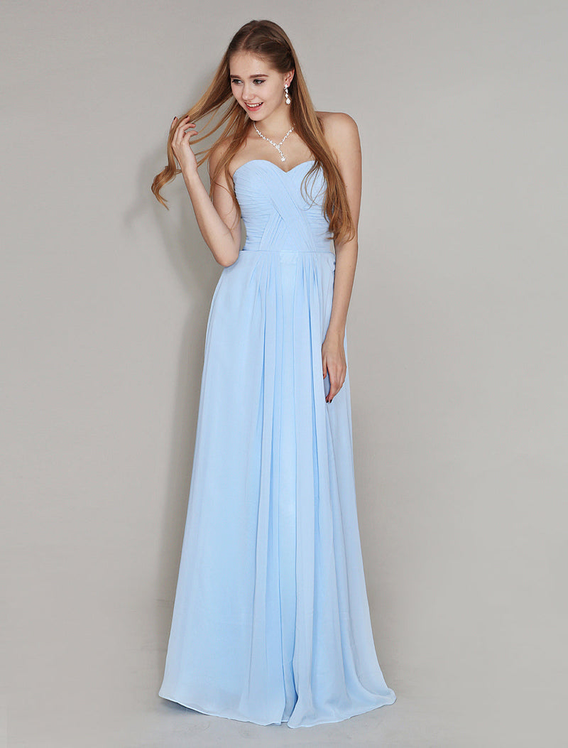 Pastel Blue Sweetheart Neck Floor Length Chiffon Ruched Bridesmaid Dress-Dbrbridal