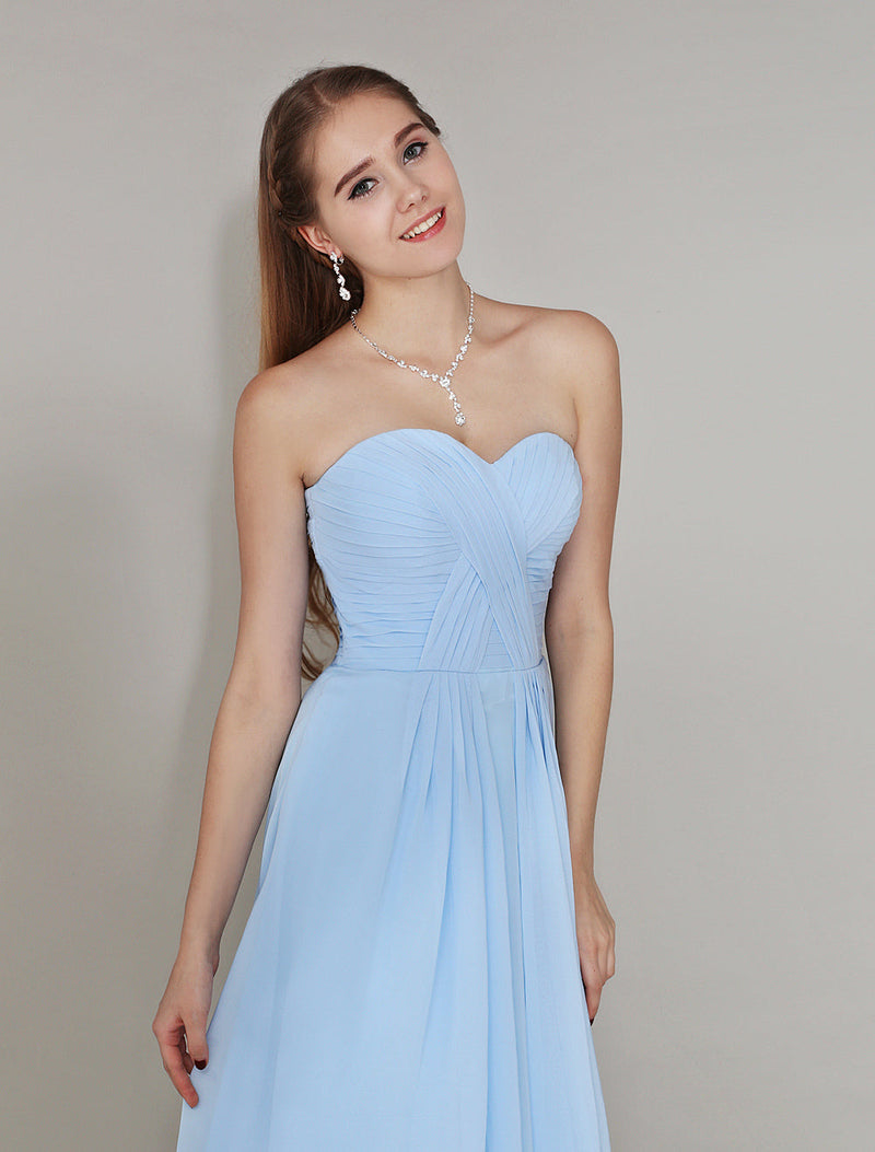 Pastel Blue Sweetheart Neck Floor Length Chiffon Ruched Bridesmaid Dress-Dbrbridal