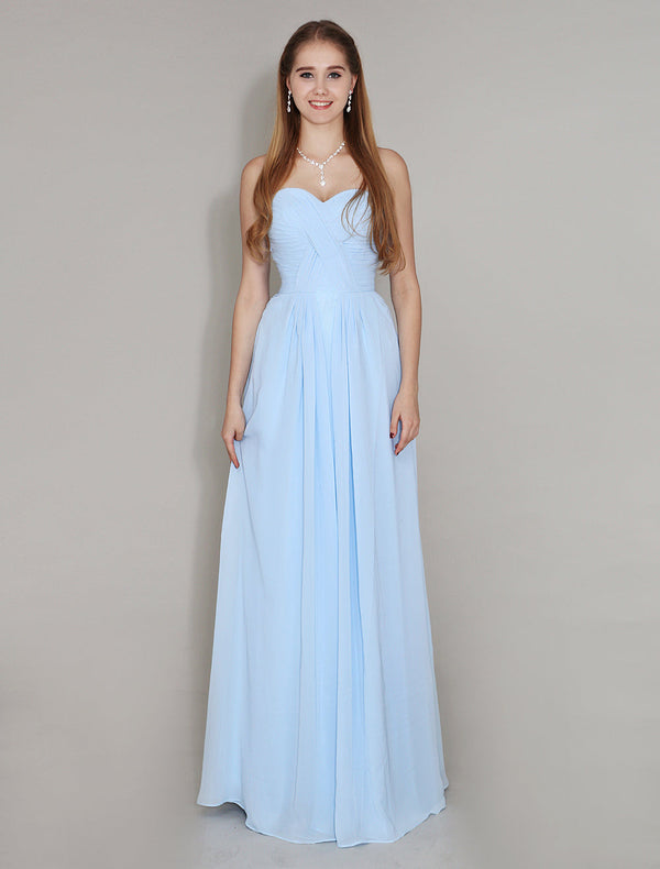 Pastel Blue Sweetheart Neck Floor Length Chiffon Ruched Bridesmaid Dress-Dbrbridal