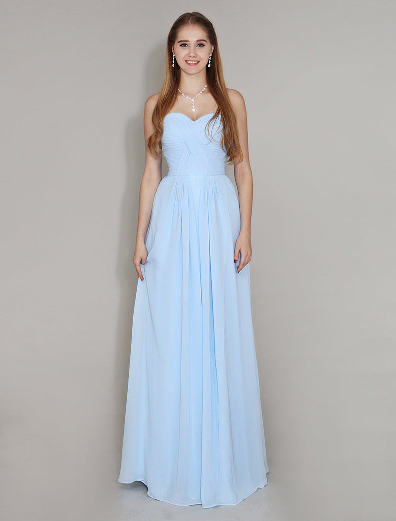 Pastel Blue Sweetheart Neck Floor Length Chiffon Ruched Bridesmaid Dress-Dbrbridal