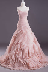 Pink A-Line Strapless Sweetheart Neck Tiered Sweep Wedding Gown-Dbrbridal