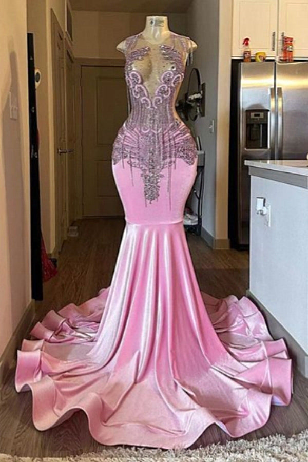 Pink Mermaid Beaded Floor Length Prom Dresses-Dbrbridal