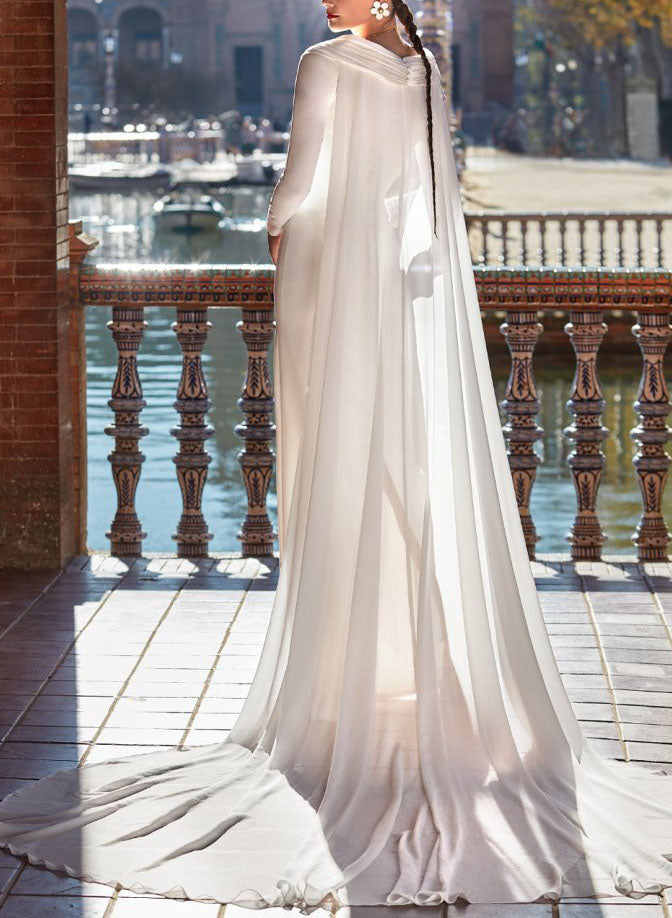 Pleated Sheath Fitted Long Sleeves Cape Wedding Dresses-Dbrbridal