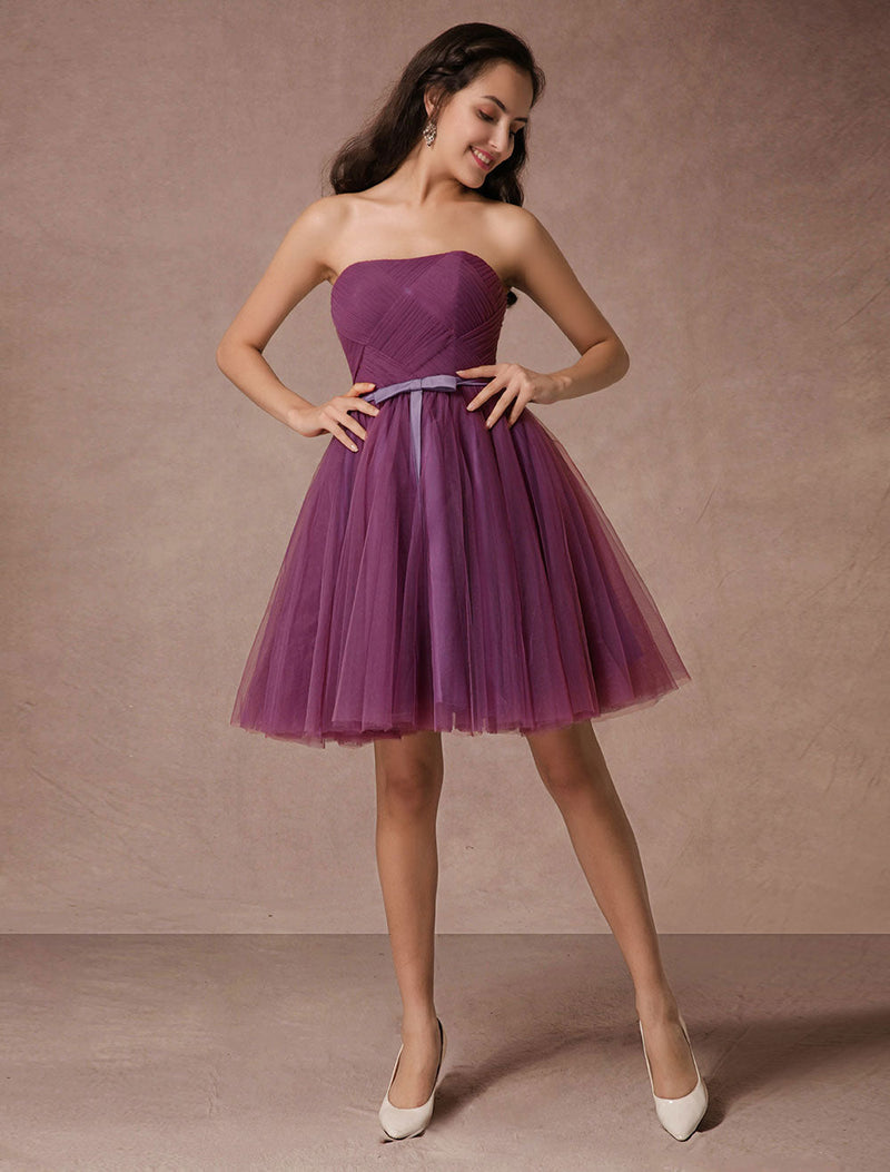 Plum Tulle Strapless Backless Woven Short Bridesmaid Dresses With Sash-Dbrbridal