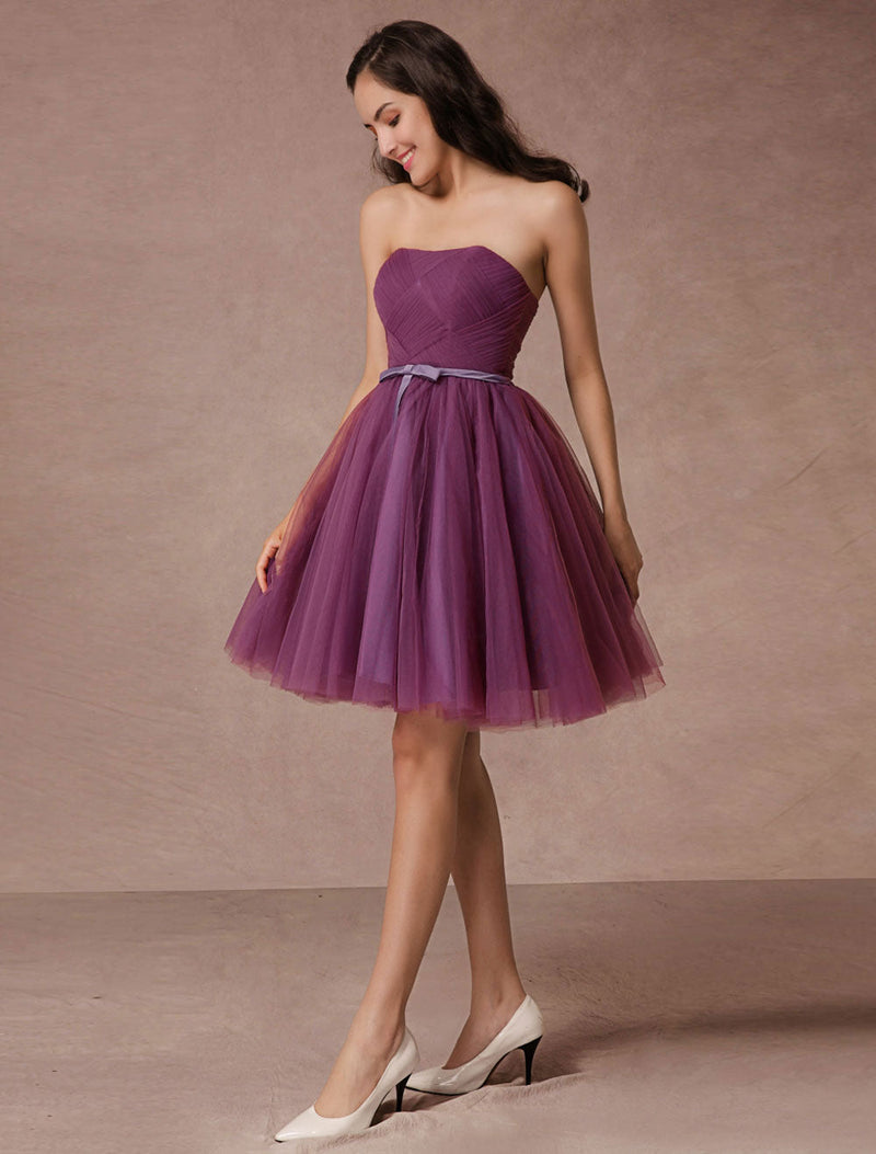 Plum Tulle Strapless Backless Woven Short Bridesmaid Dresses With Sash-Dbrbridal