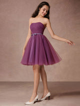 Plum Tulle Strapless Backless Woven Short Bridesmaid Dresses With Sash-Dbrbridal