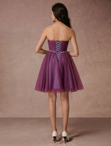 Plum Tulle Strapless Backless Woven Short Bridesmaid Dresses With Sash-Dbrbridal