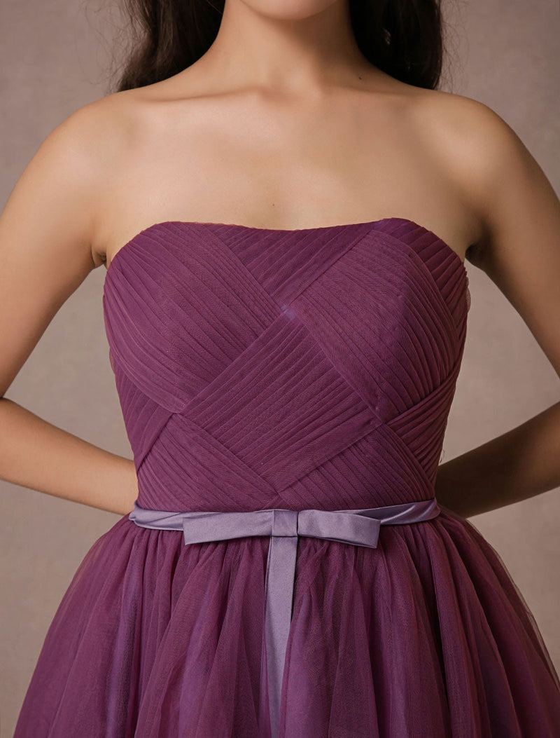 Plum Tulle Strapless Backless Woven Short Bridesmaid Dresses With Sash-Dbrbridal