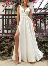 Plus Size Sexy Plunge Chic A-line Wedding Dresses Satin Split Front-Dbrbridal