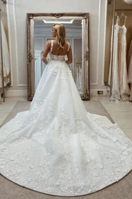 Popular Long A-Line Lace Sleeveless Appliques Wedding Dresses with Detachable Train-Dbrbridal