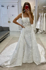 Popular Long A-Line Lace Sleeveless Appliques Wedding Dresses with Detachable Train-Dbrbridal