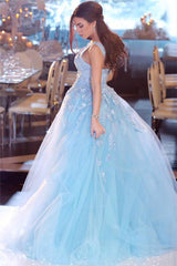 Popular Sky Blue Lace Prom Dresses Online Sleeveless Overskirt Tulle Evening Dresses-Dbrbridal