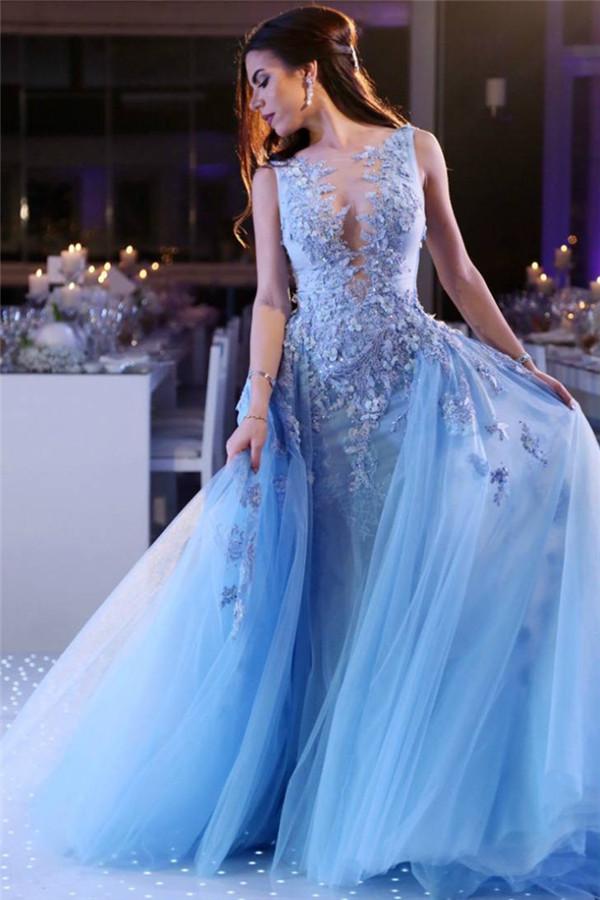 Popular Sky Blue Lace Prom Dresses Online Sleeveless Overskirt Tulle Evening Dresses-Dbrbridal