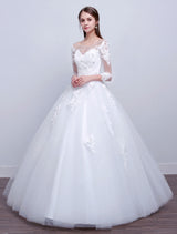 Princess Ball Gown Wedding Dresses Long Sleeve Lace Illusion Ivory Long Bridal Dress-Dbrbridal