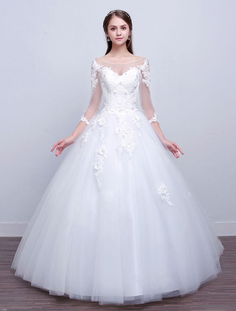 Princess Ball Gown Wedding Dresses Long Sleeve Lace Illusion Ivory Long Bridal Dress-Dbrbridal