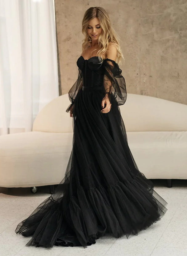 Princess Long Sleeves Wedding Dress Off-The-Shoulder Black Corset-Dbrbridal