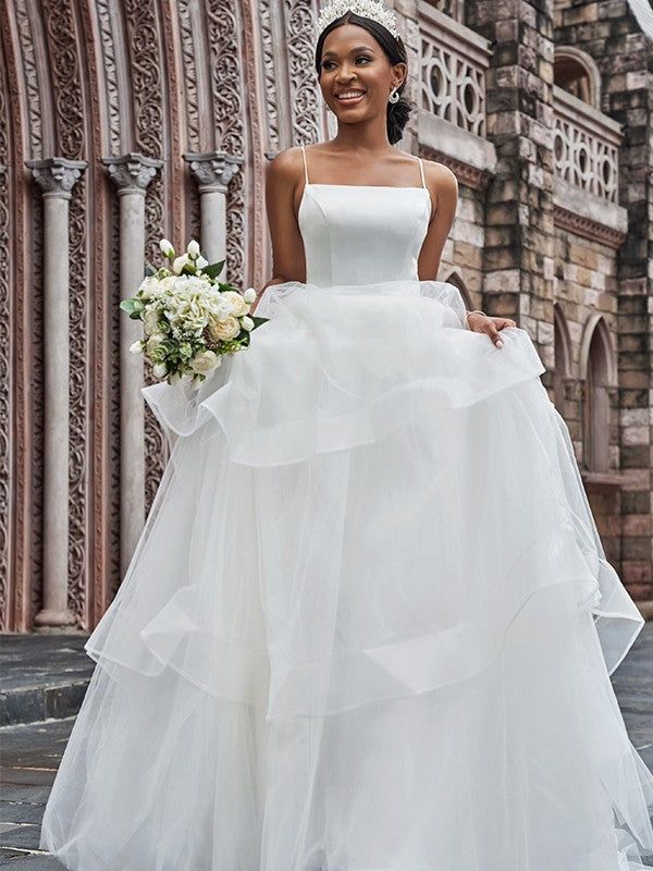 Princess Wedding Dresses Spaghetti Straps Featuring Stunning Cascading Ruffles-Dbrbridal