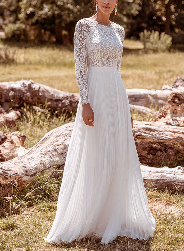 Product Description Elegant Chic A-line Wedding Dresses Long Sleeves Floor-Length Design Chiffon Lace Fabric-Dbrbridal