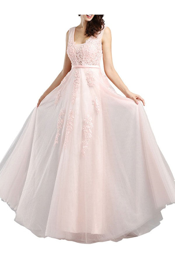 Prom Dress Chic V-Neck A-line Sleeveless Long Lace Applique Party Dresses-Dbrbridal