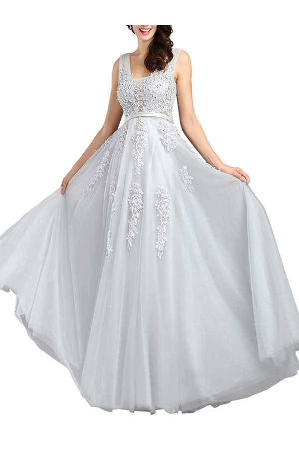 Prom Dress Chic V-Neck A-line Sleeveless Long Lace Applique Party Dresses-Dbrbridal