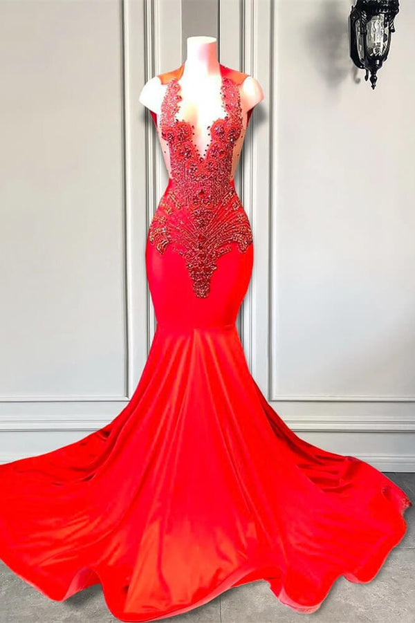 Red Sleeveless V-Neck Mermaid Prom Dresses with Beadings-Dbrbridal