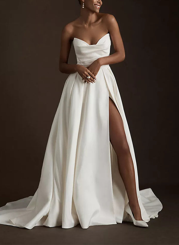 Retro style Satin Wedding Dresses Split Front Chic A-line Elegant Sweetheart-Dbrbridal