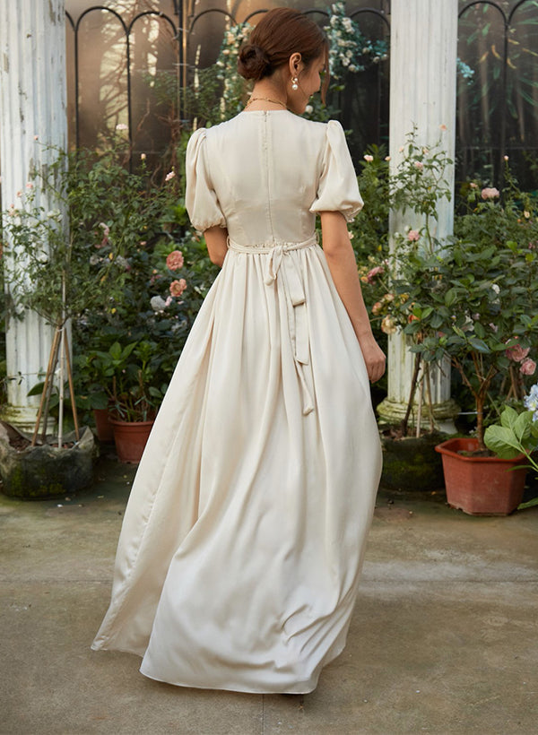 Retro style Silk-like Satin Wedding Dress Split Front-Dbrbridal