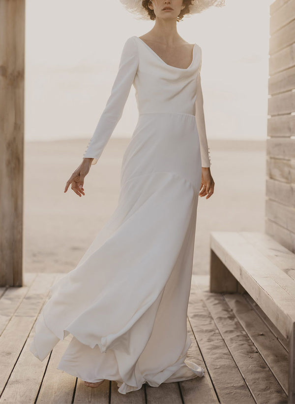 Retro style Wedding Dresses Sheath Fitted Silhouette Cowl Neck Long Sleeves-Dbrbridal