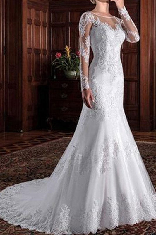 Retro Wedding Bridal Dress Column Illusion Neck Long Sleeve Lace Applique Wedding Dresses With Train-Dbrbridal