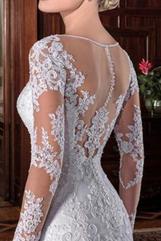 Retro Wedding Bridal Dress Column Illusion Neck Long Sleeve Lace Applique Wedding Dresses With Train-Dbrbridal