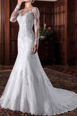 Retro Wedding Bridal Dress Column Illusion Neck Long Sleeve Lace Applique Wedding Dresses With Train-Dbrbridal