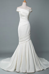 Retro Wedding Dress Mermaid Off The Shoulder Sleeveless Pleated Satin Fabric With Train Traditional Dresses For Bride-Dbrbridal