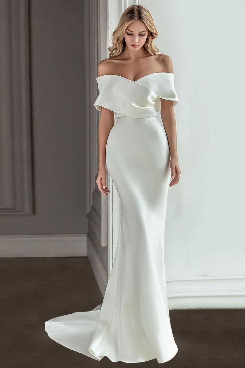 Retro White Wedding Dress With Train Satin Off The Shoulder Pleated Mermaid Bridal Gowns-Dbrbridal