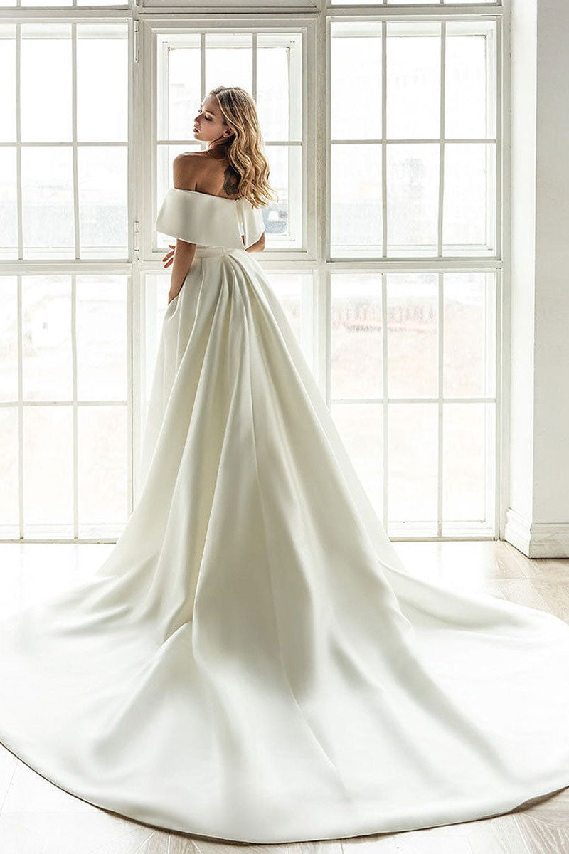 Retro White Wedding Dress With Train Satin Off The Shoulder Pleated Mermaid Bridal Gowns-Dbrbridal