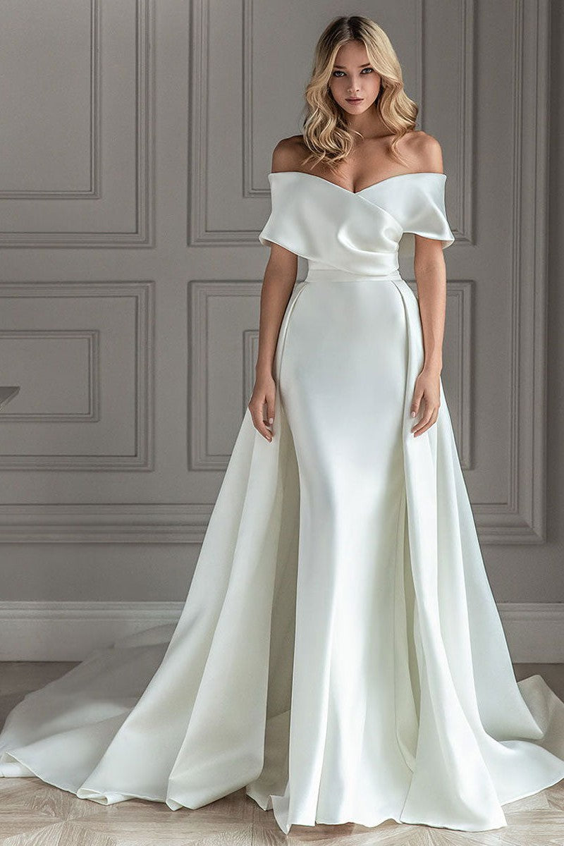 Retro White Wedding Dress With Train Satin Off The Shoulder Pleated Mermaid Bridal Gowns-Dbrbridal