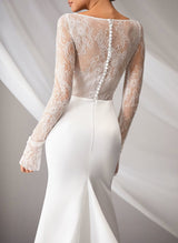 Romantic Lace Back Wedding Dresses Square Neckline Long Sleeves-Dbrbridal